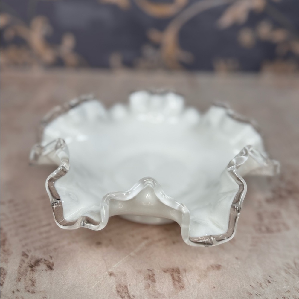 Vintage Milk Glass Ruffled Dish Clear Crimped Edge Trinket Bowl